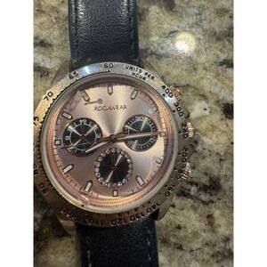 Rocawear RL10634  Quartz Watch Rose Gold Black Vegan Leather Band